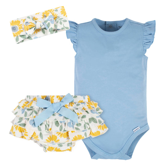 3-Piece Baby Girls Sunny Garden Onesies® Bodysuit, Diaper Cover & Headband Set